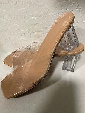 Clear-Strap Nude Slide Heels